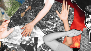 Collage of diverse hands reaching and abstract textures in black, white, and red.