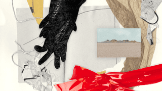 A collage with a black leather glove, red ribbon, crumpled paper, and a desert landscape.