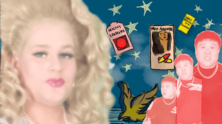 Faded blonde woman with pearls, cartoon stars, a bird, and multiple red figures.